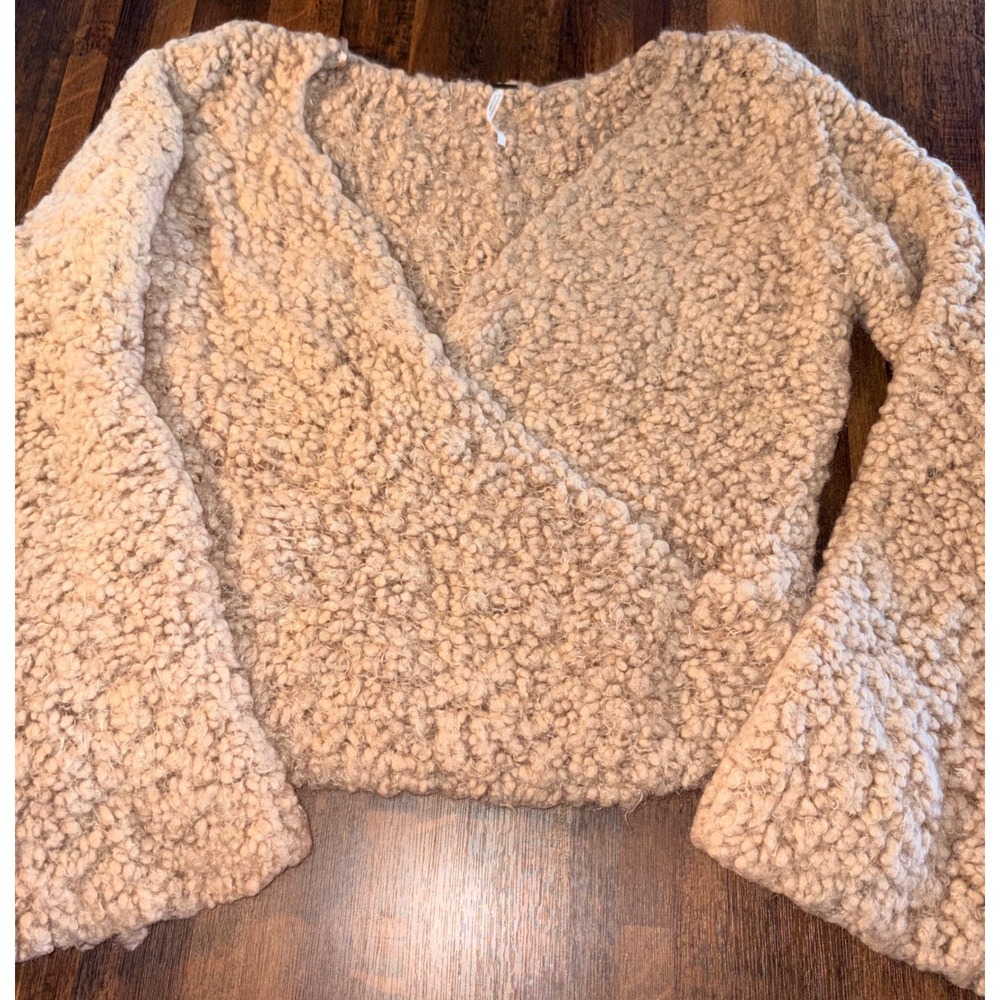 Free People Womens Tan Boucle Knit‎ Wrap Sweater Surplice Bell Sleeve Medium